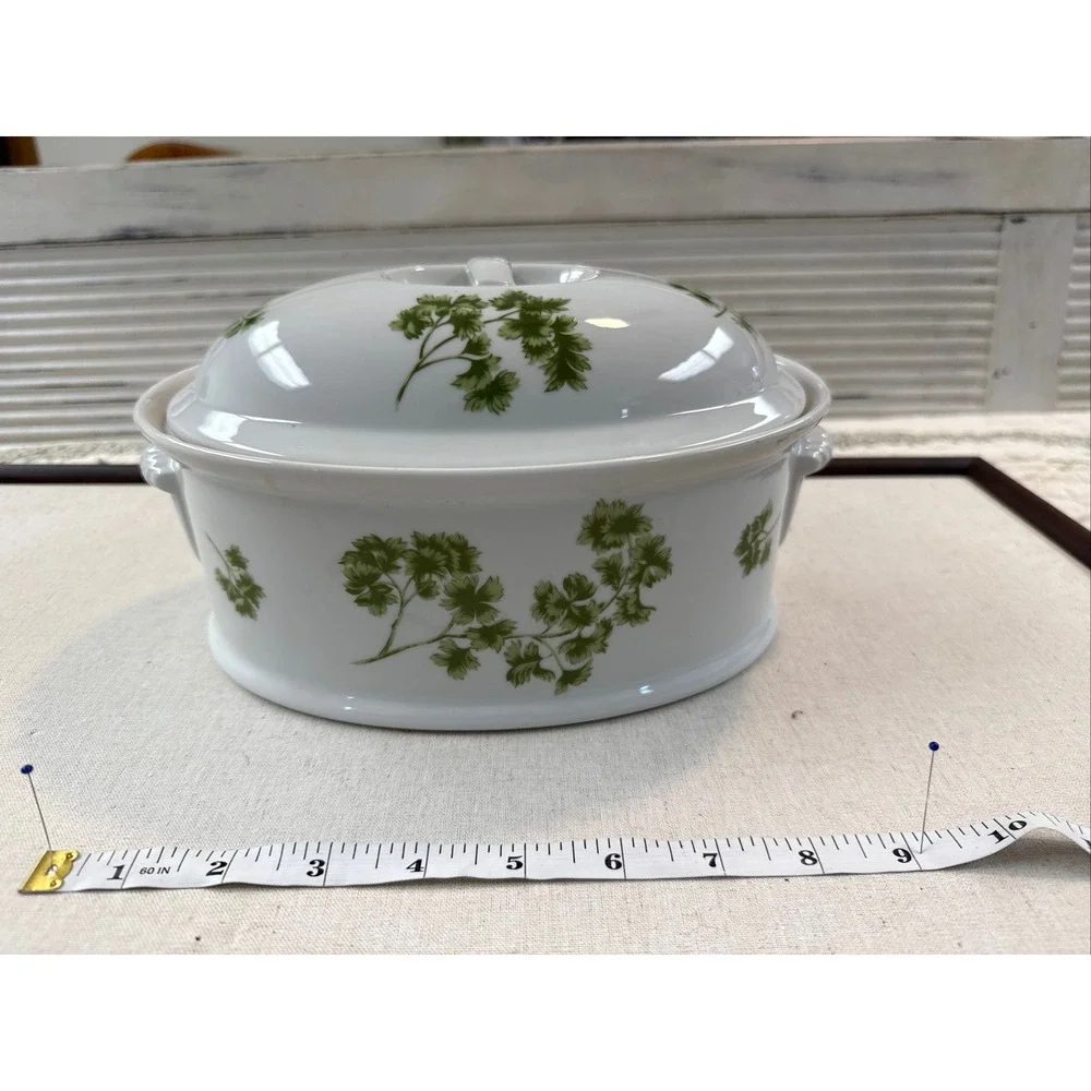 Vintage Parsley Oven To Table Cookware Oval Casserole Dish with Lid Green White